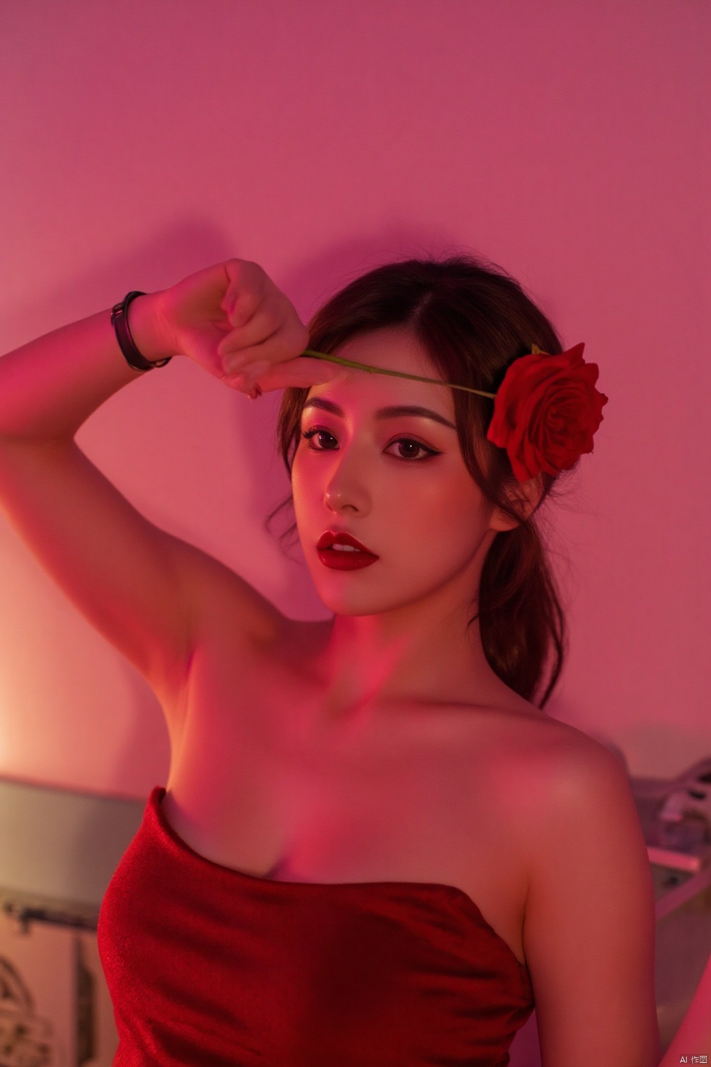 HK film style,Wong Kar wai's film style,Vintage Hong Kong movie color scheme,a close-up shot of a young Asian woman with dark brown eyes and a red rose in her hair. Her hair is pulled back in a ponytail, and she is wearing a sleeveless red dress. Her lips are painted a deep red, and her eyes are a piercing blue. Her left hand is raised in the air, adding a touch of contrast to the scene. The backdrop is a soft pink, and the woman's hair is a vibrant shade of brown.