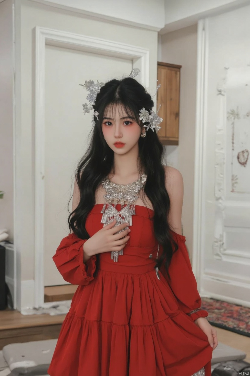 1girl, solo, long hair, breasts, looking at viewer, black hair, hair ornament, dress, jewelry, upper body, earrings, detached sleeves, necklace, red dress, hand on own chest
