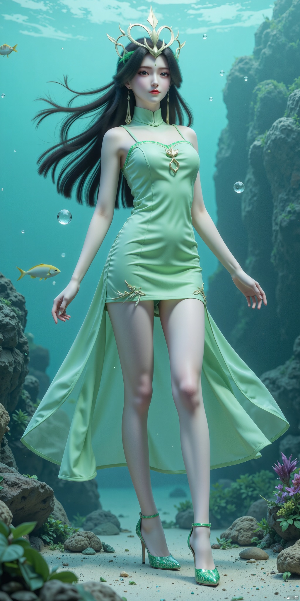 1 girl, half body, solo, long hair, long black hair, black hair, long hair flowing, headgear, earrings, green gauze dress, green dress, seabed, jewelry, closed mouth, smile, charming smile, long black hair, beautiful legs, green crystal heels, slender long legs, plump and enchanting figure, various actions, seabed, ocean, ocean world, water, seabed, swimming in the water. Necklace, gemstones, seabed, ocean, underwater world, fish, bubbles, coral.