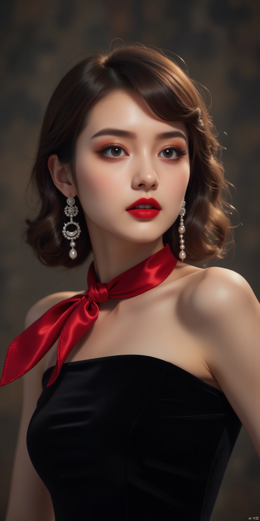 A half-length photo of a retro-style beauty with short wavy hair, flaming red lips, pearl earrings, a black velvet dress, and a red silk scarf tied around her neck. Her eyes are deep and mysterious.