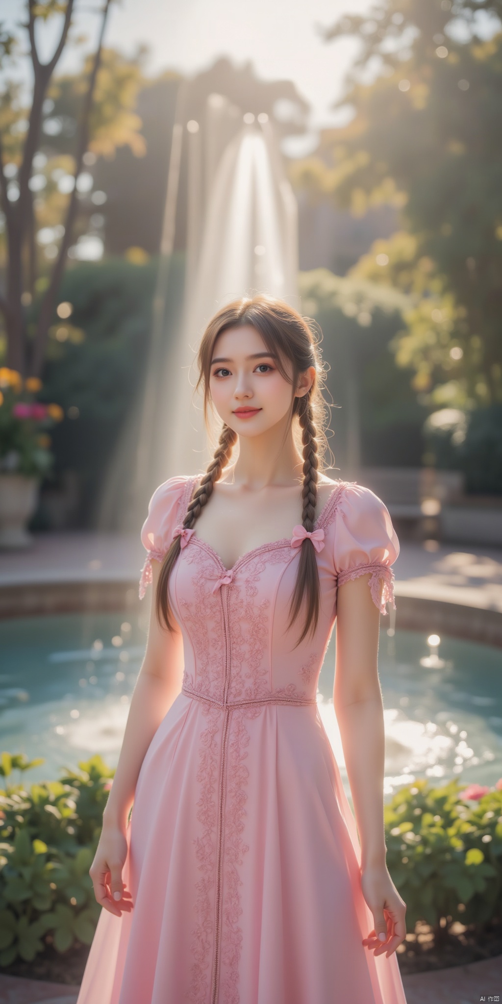 On the front, the woman is beside the fountain in the garden. The sunlight reflects on the water of the fountain, forming a beautiful rainbow.
She smiled and looked at the fountain, her hands elegantly placed at her sides. Wearing a pink princess dress with many laces and bows, her hair is styled into two cute braids, making her look playful and cute.