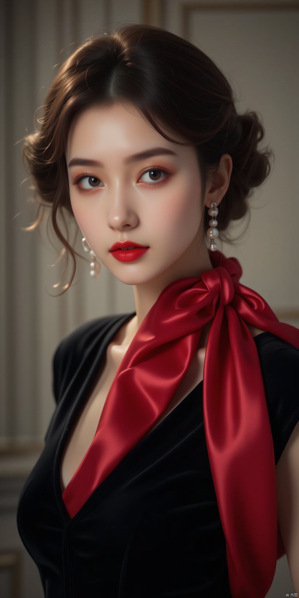A half-length photo of a retro-style beauty with short wavy hair, flaming red lips, pearl earrings, a black velvet dress, and a red silk scarf tied around her neck. Her eyes are deep and mysterious.