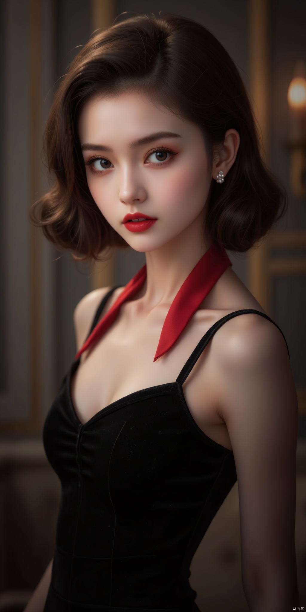 A half-length photo of a retro-style beauty with short wavy hair, flaming red lips, pearl earrings, a black velvet dress, and a red silk scarf tied around her neck. Her eyes are deep and mysterious.