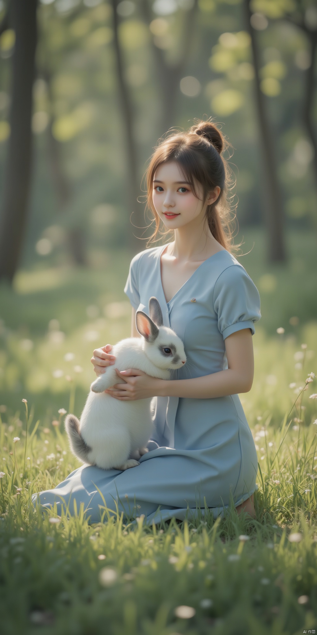 In the three-quarter view, the beauty is playing with the little rabbit in the forest. The sun shines on them through the gaps in the leaves.
She squatted on the soft grass and gently held the little rabbit in her arms, with an innocent smile on her face. Wearing a light blue dress, the skirt is gently spread out on the grass, contrasting with the surrounding green vegetation. Her hair was tied into a high ponytail, with a few strands of hair fluttering in the wind, looking smart and natural.