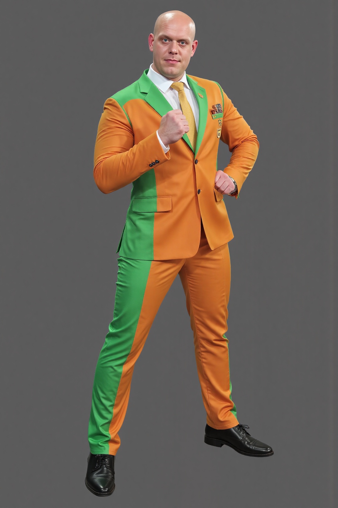 A high-resolution photograph of Michael van Gerwen wearing a vibrant orange and green suit with a white dress shirt,  stan...