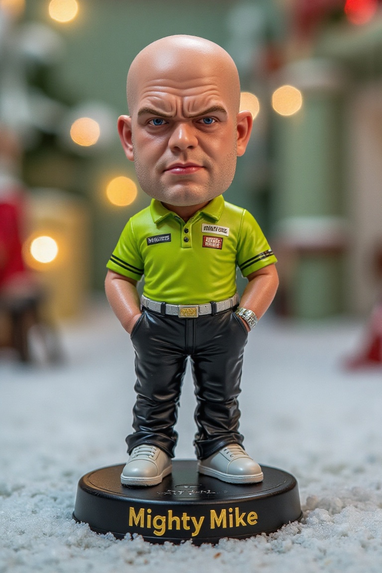 This is a high-resolution photograph of a detailed,  miniature action figure of Michael van Gerwen,  standing on a round o...