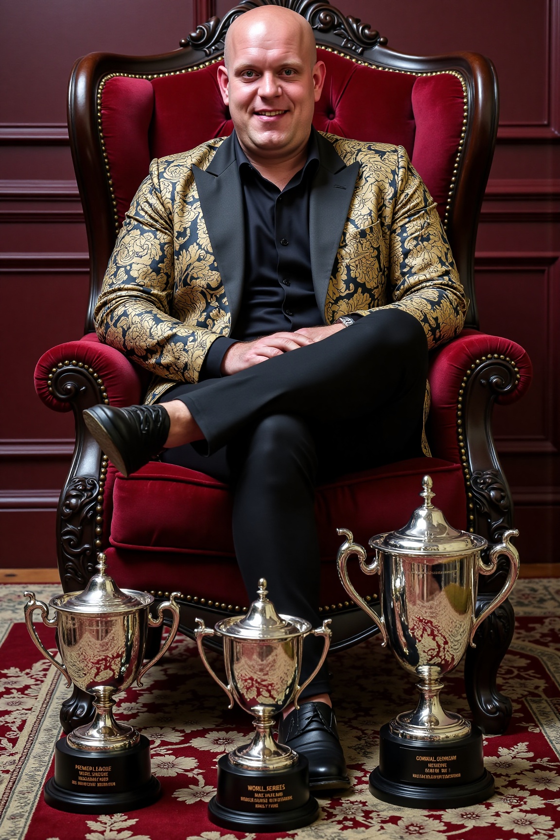A high-resolution photograph of Michael van Gerwen sitting in a luxury armchair,  wearing a paisley smoking jacket. On the...