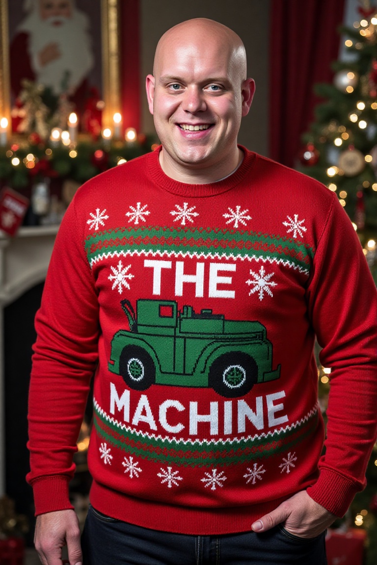 The image is a high-resolution photograph of a Michael van Gerwen wearing a Christmas themed sweater with the words "THE G...