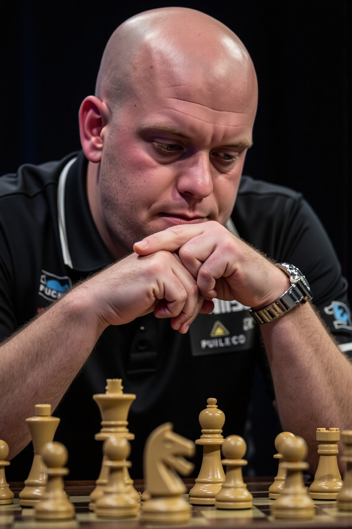 A high-resolution photograph of Michael Van Gerwen sitting behind a chess board,  chin resting on his hands,  looking down...