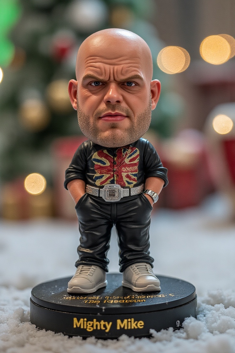 This is a high-resolution photograph of a detailed,  miniature action figure of Michael van Gerwen,  standing on a round o...