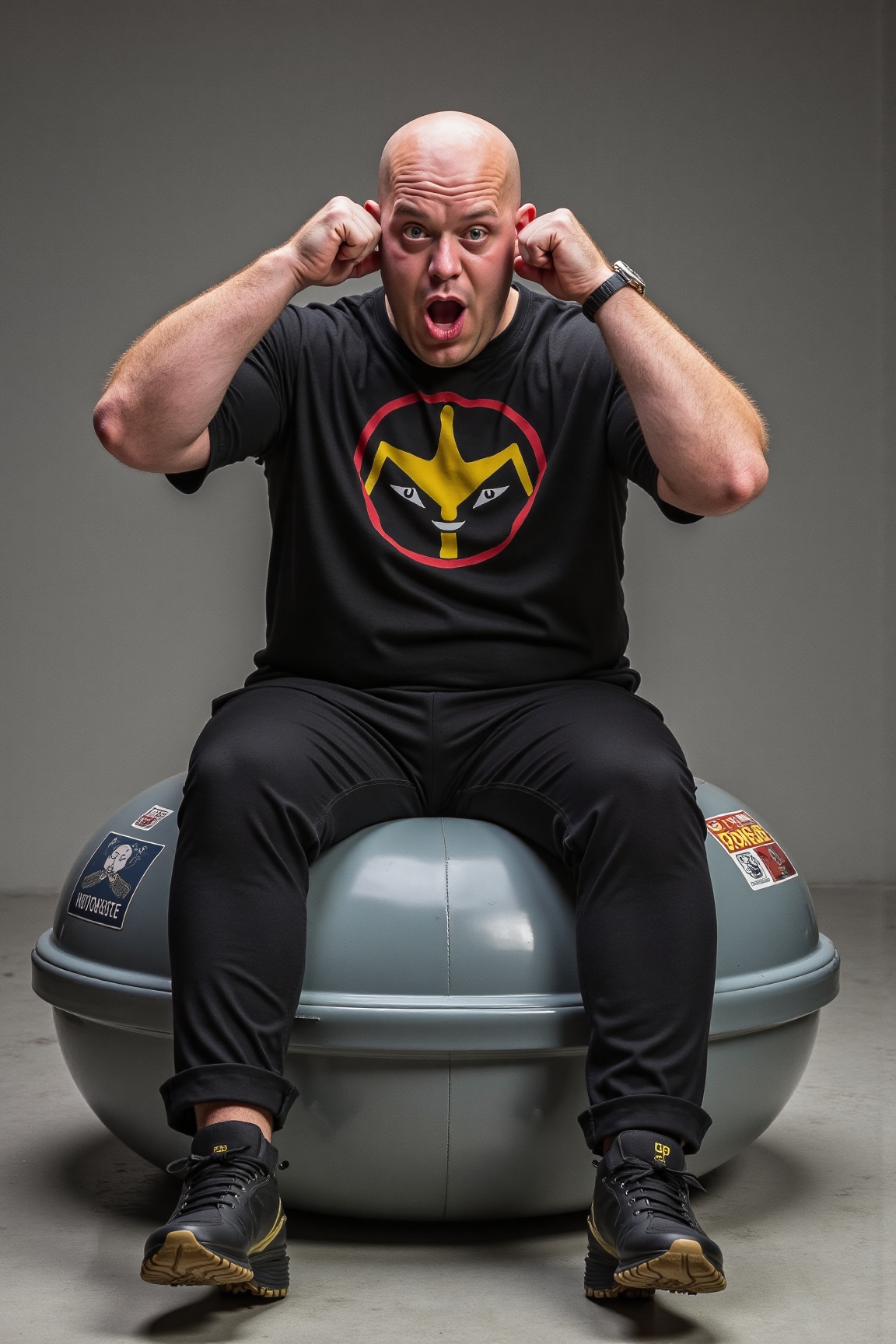 A high-resolution photograph of Michael van Gerwen sitting on a spacehopper,  holding on to the ears on Tensor.Art