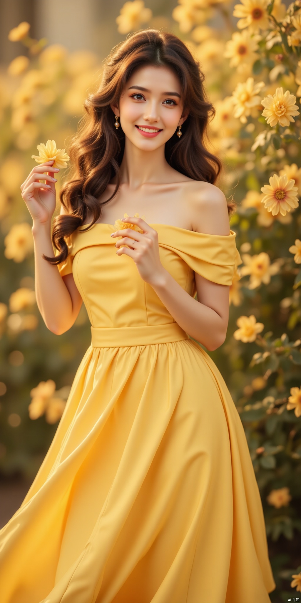 A stunning woman, dressed in a soft yellow off-the-shoulder dress with flowing long skirt, poses elegantly amidst blooming flowers. Her dark hair cascades down her back as she gently touches a flower petal with her hand. The skirt's hem dances in the breeze, framing her curvy figure. Warm and inviting smile brightens up her face, radiating serenity and joy.