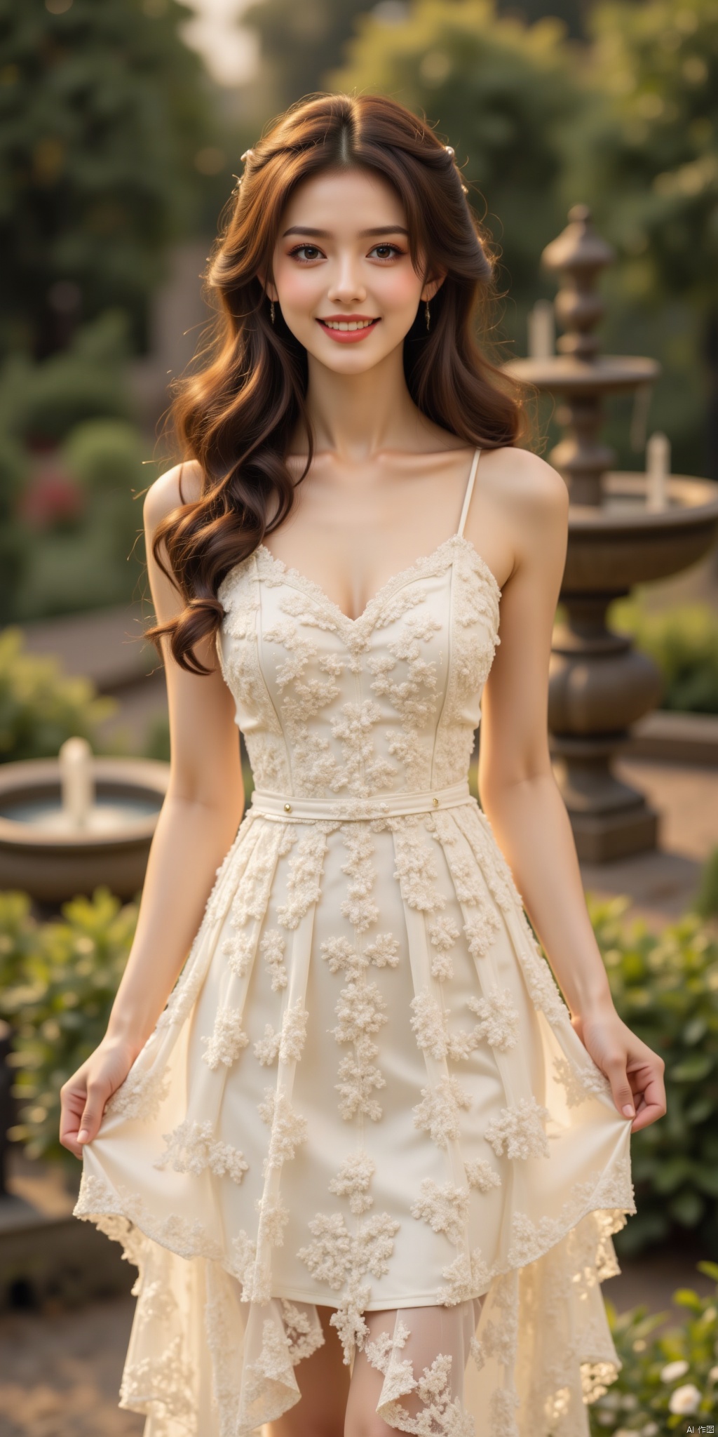 Real beauty stands elegantly beside a serene fountain in a lush garden, wearing a stunning white lace dress that accentuates her curves. The dress's V-neck design showcases her décolletage. Her long, chestnut-hued locks cascade down her back as she lifts the hem of her skirt with gentle hands, radiating sunshine warmth from her bright smile.