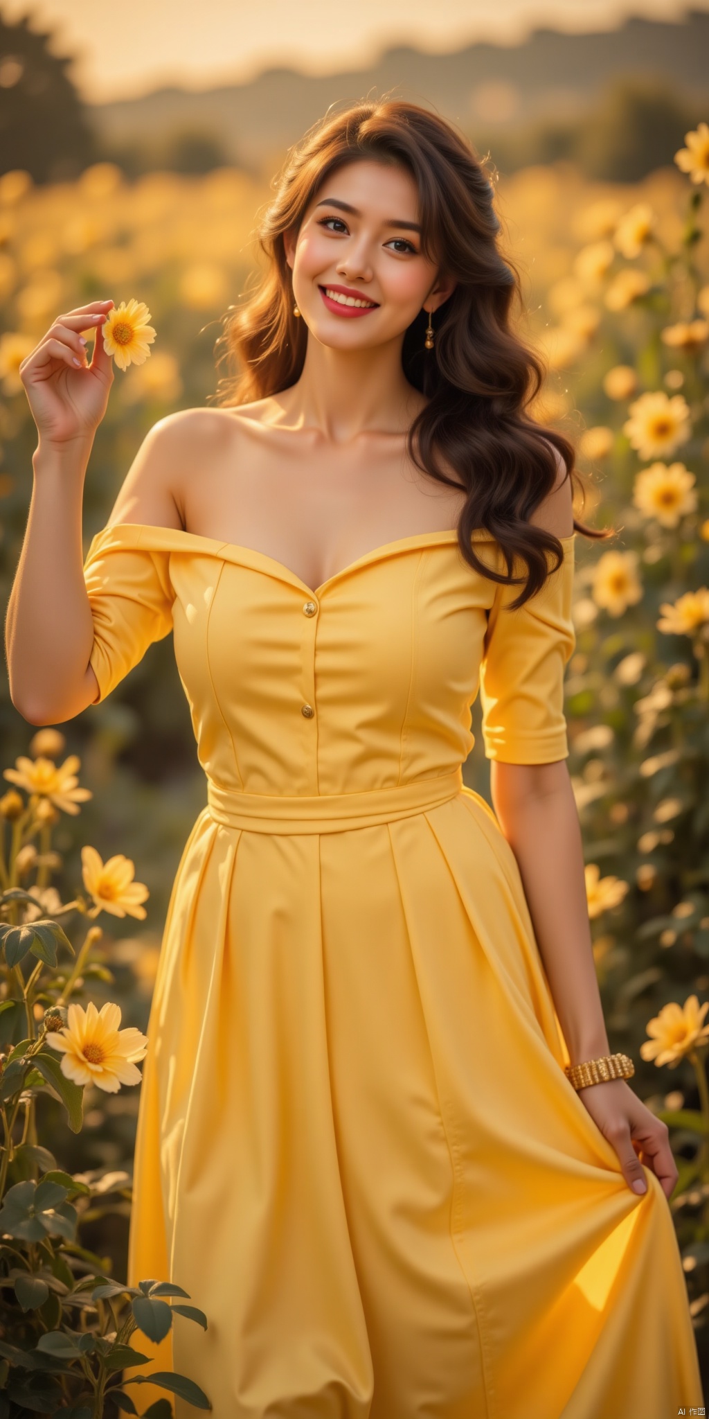 A stunning woman, dressed in a soft yellow off-the-shoulder dress with flowing long skirt, poses elegantly amidst blooming flowers. Her dark hair cascades down her back as she gently touches a flower petal with her hand. The skirt's hem dances in the breeze, framing her curvy figure. Warm and inviting smile brightens up her face, radiating serenity and joy.