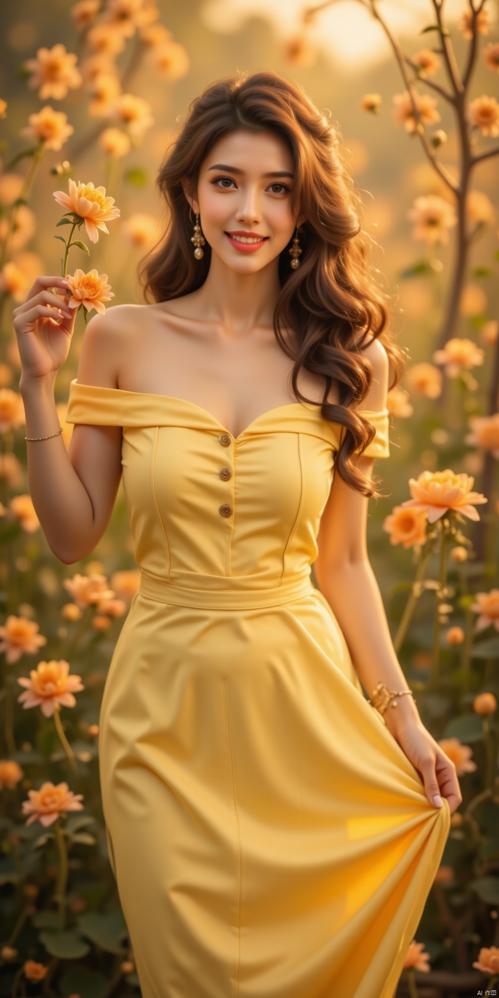 A stunning woman, dressed in a soft yellow off-the-shoulder dress with flowing long skirt, poses elegantly amidst blooming flowers. Her dark hair cascades down her back as she gently touches a flower petal with her hand. The skirt's hem dances in the breeze, framing her curvy figure. Warm and inviting smile brightens up her face, radiating serenity and joy.