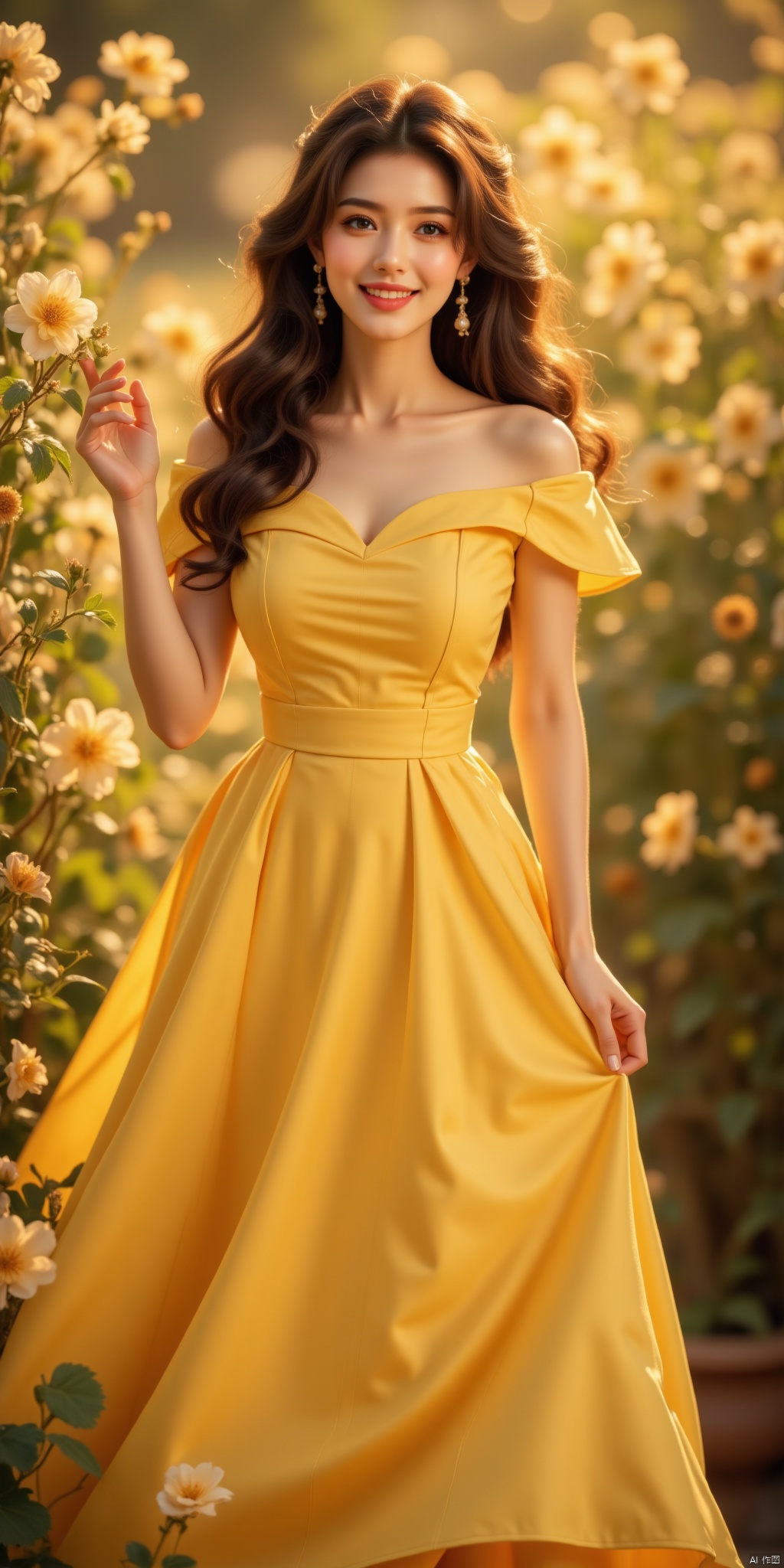 A stunning woman, dressed in a soft yellow off-the-shoulder dress with flowing long skirt, poses elegantly amidst blooming flowers. Her dark hair cascades down her back as she gently touches a flower petal with her hand. The skirt's hem dances in the breeze, framing her curvy figure. Warm and inviting smile brightens up her face, radiating serenity and joy.