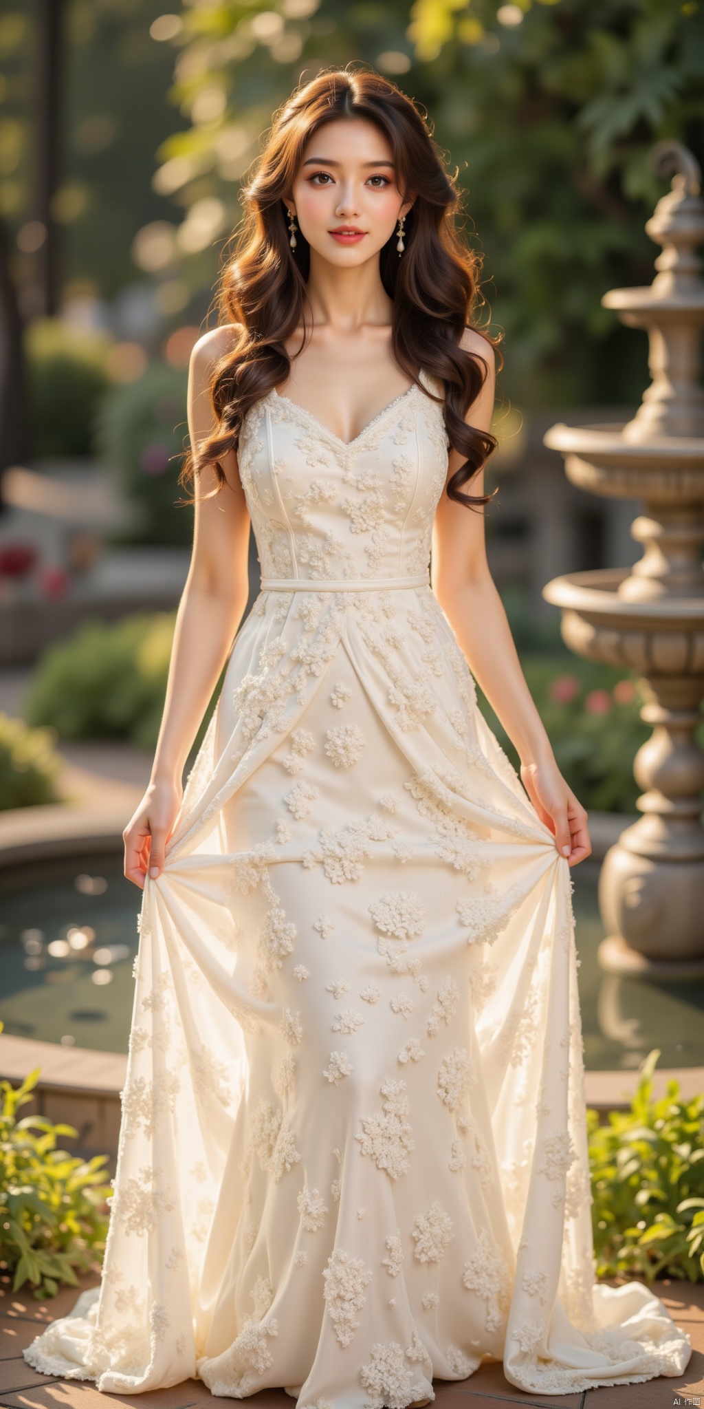 Real beauty stands elegantly beside a serene fountain in a lush garden, wearing a stunning white lace dress that accentuates her curves. The dress's V-neck design showcases her décolletage. Her long, chestnut-hued locks cascade down her back as she lifts the hem of her skirt with gentle hands, radiating sunshine warmth from her bright smile.
