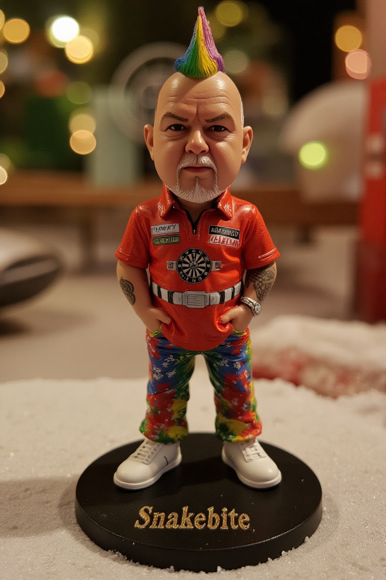 This is a high-resolution photograph of a detailed,  miniature action figure of Peter Wright,  standing on a round on Tens...