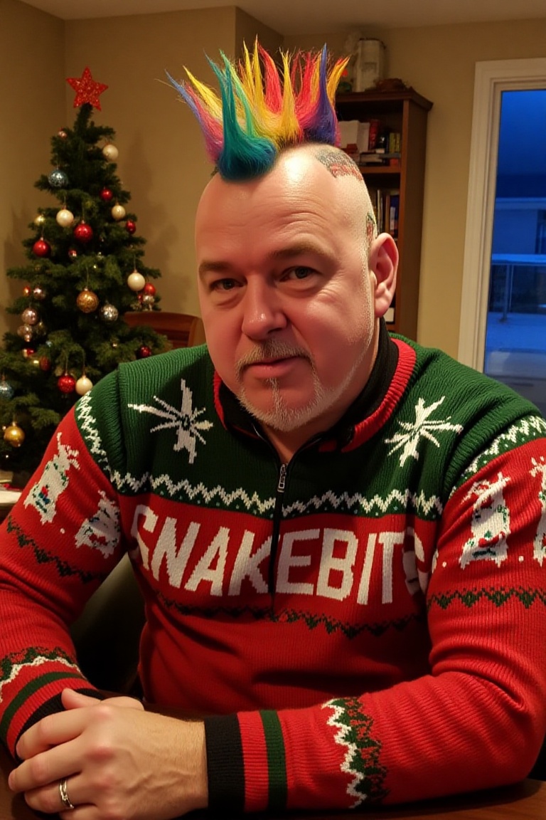 The image is a high-resolution photograph of Peter Wright,  multicoloured spiked mohawk,  wearing a Christmas themed sweat...