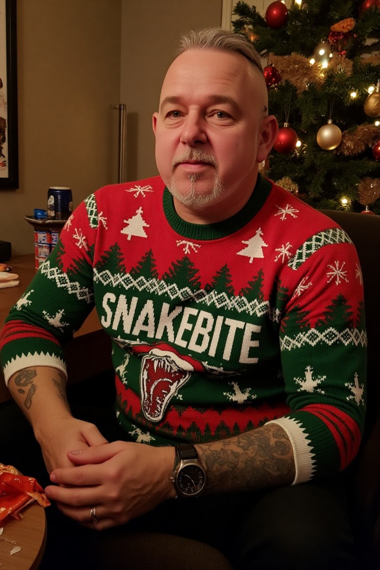 The image is a high-resolution photograph of a man wearing a Christmas themed sweater with the words "SNAKEBITE" knitted i...