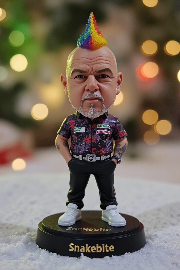 This is a high-resolution photograph of a detailed,  miniature action figure of Peter Wright,  standing on a round on Tens...
