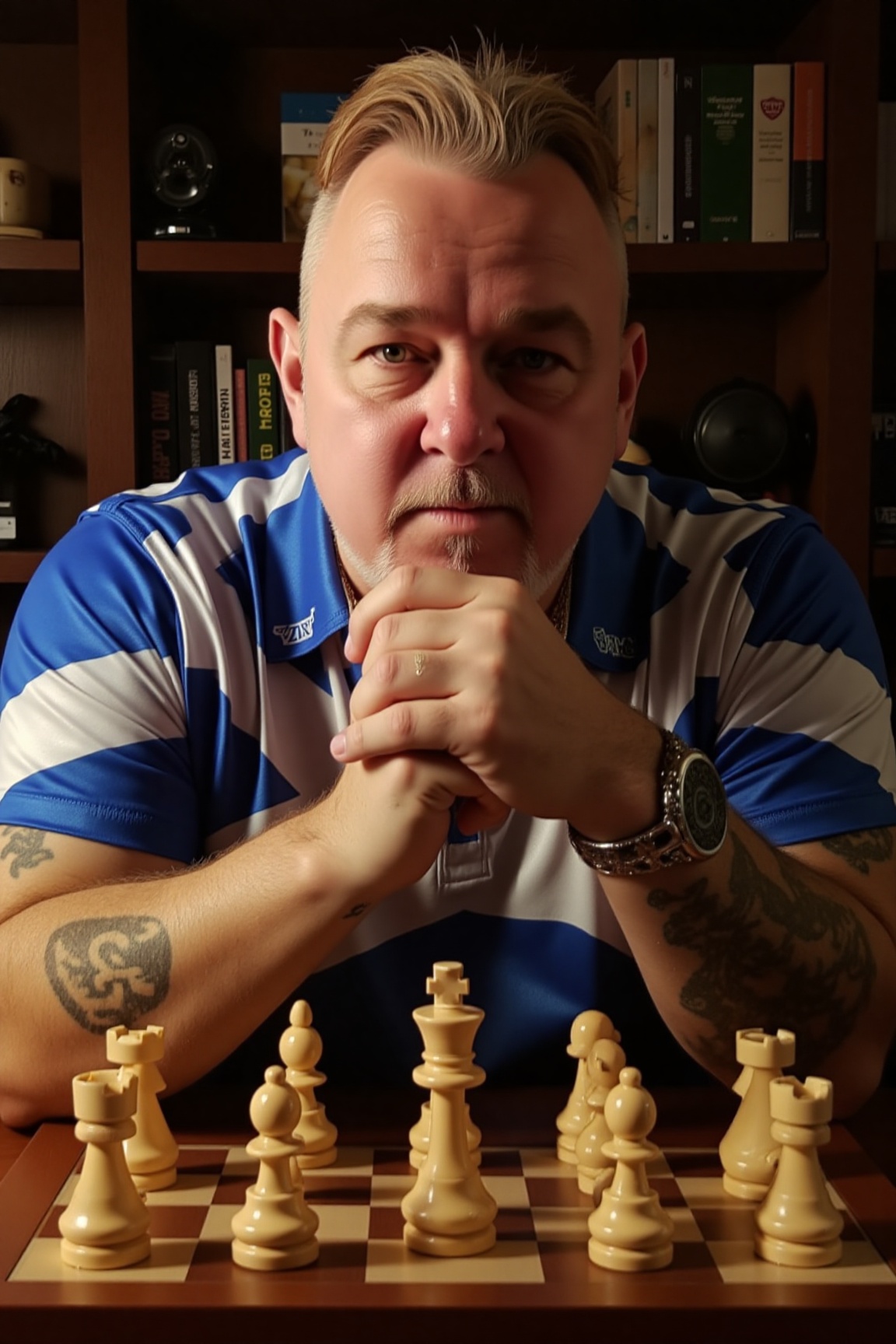 The image is a high-resolution photograph of a man sitting behind a chess board,  wearing a Scottish flag design satin shi...