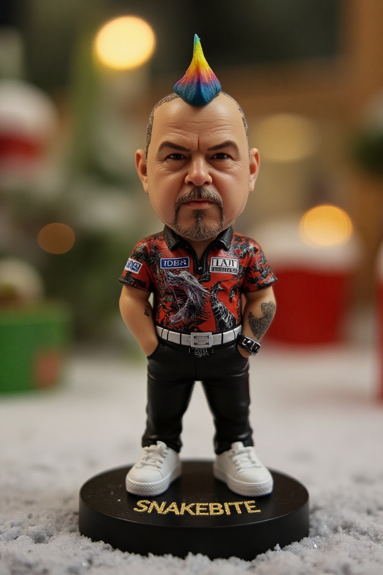 This is a high-resolution photograph of a detailed,  miniature action figure of Peter Wright,  standing on a round on Tens...
