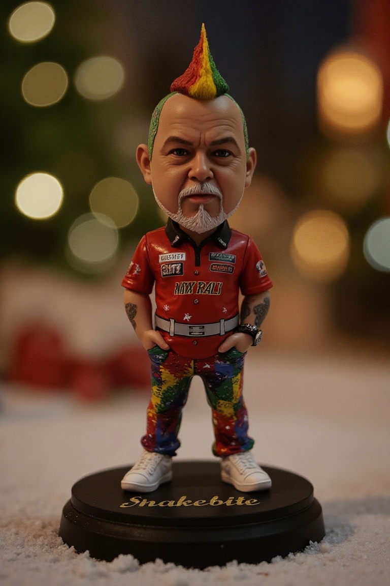 This is a high-resolution photograph of a detailed,  miniature action figure of Peter Wright,  standing on a round on Tens...