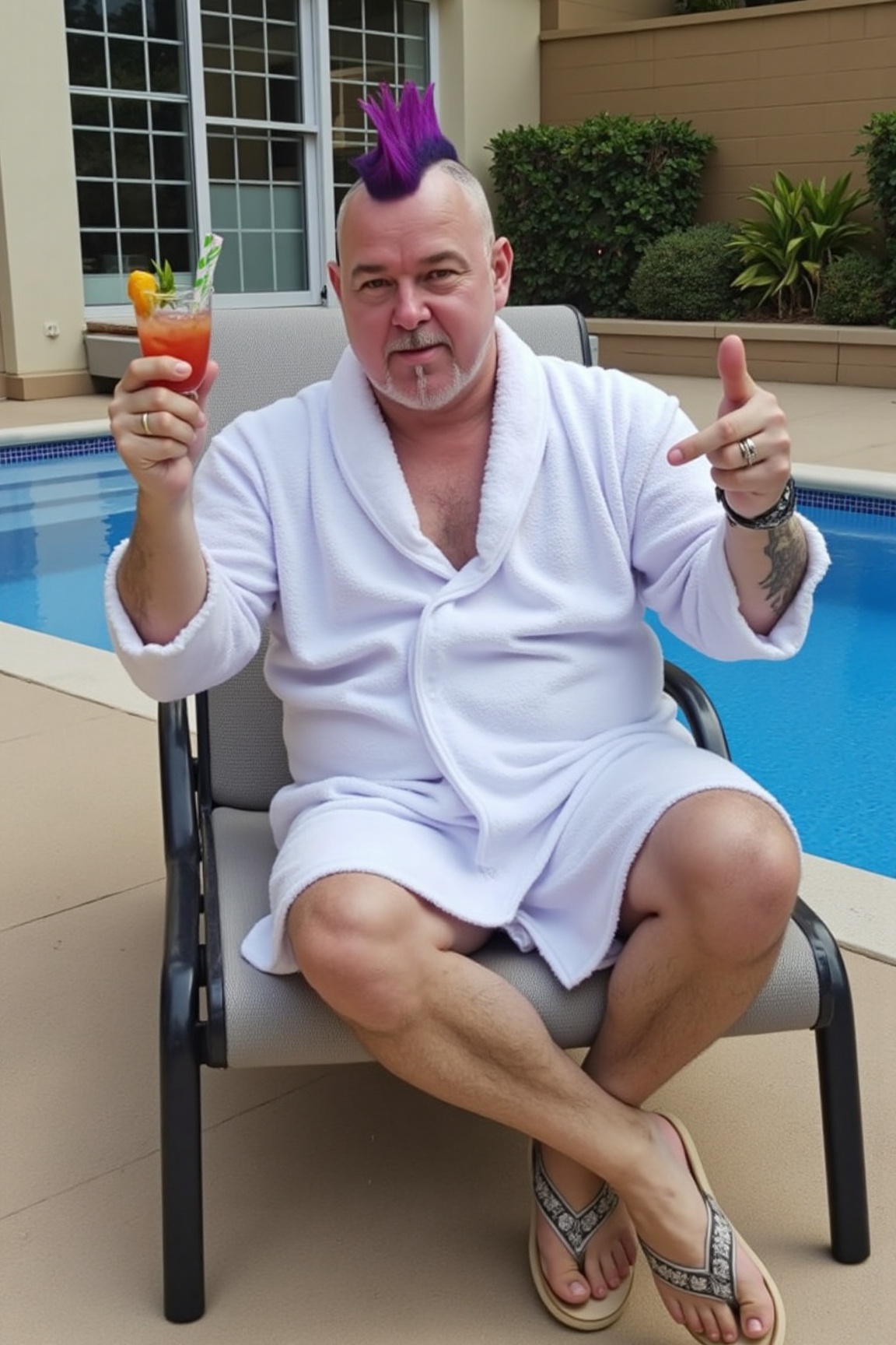 The image is a high-resolution photograph of a man reclined on a sunlounger beside a pool,  he has a purple mohawk and is...