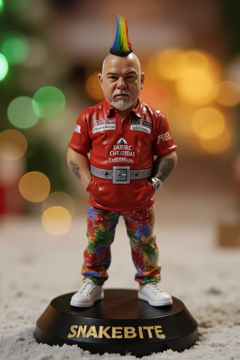 This is a high-resolution photograph of a detailed,  miniature action figure of Peter Wright,  standing on a round on Tens...