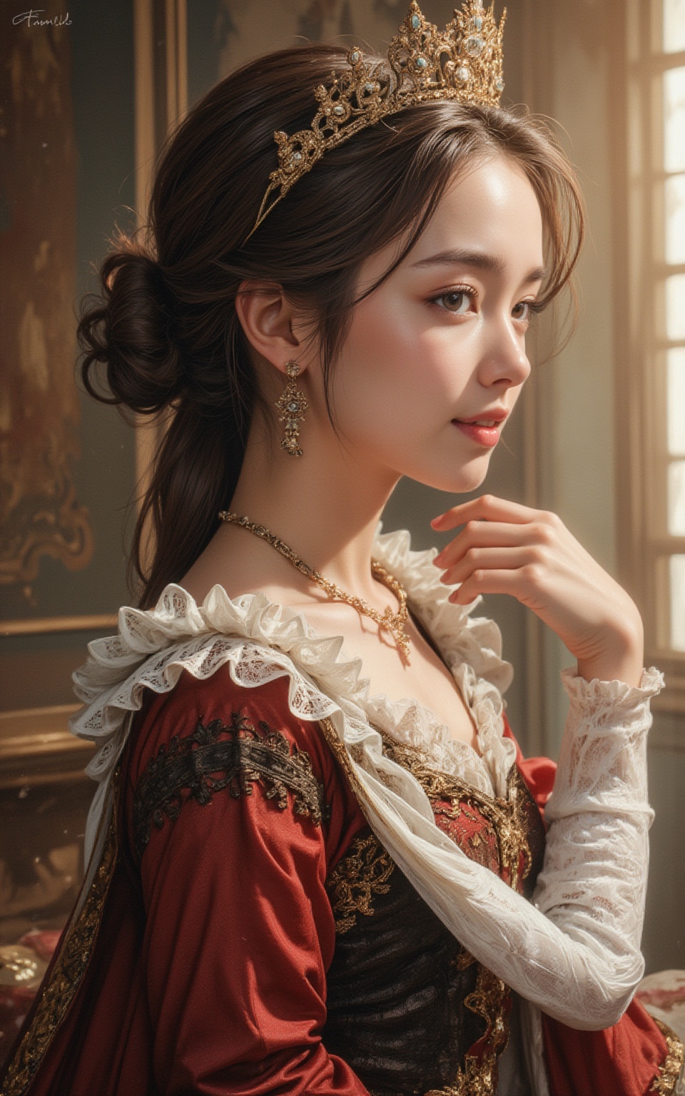 Close-up of a young girl with very beautiful big eyes and long thick eyelashes,  20 years old,  dressed as Queen Elizabeth...