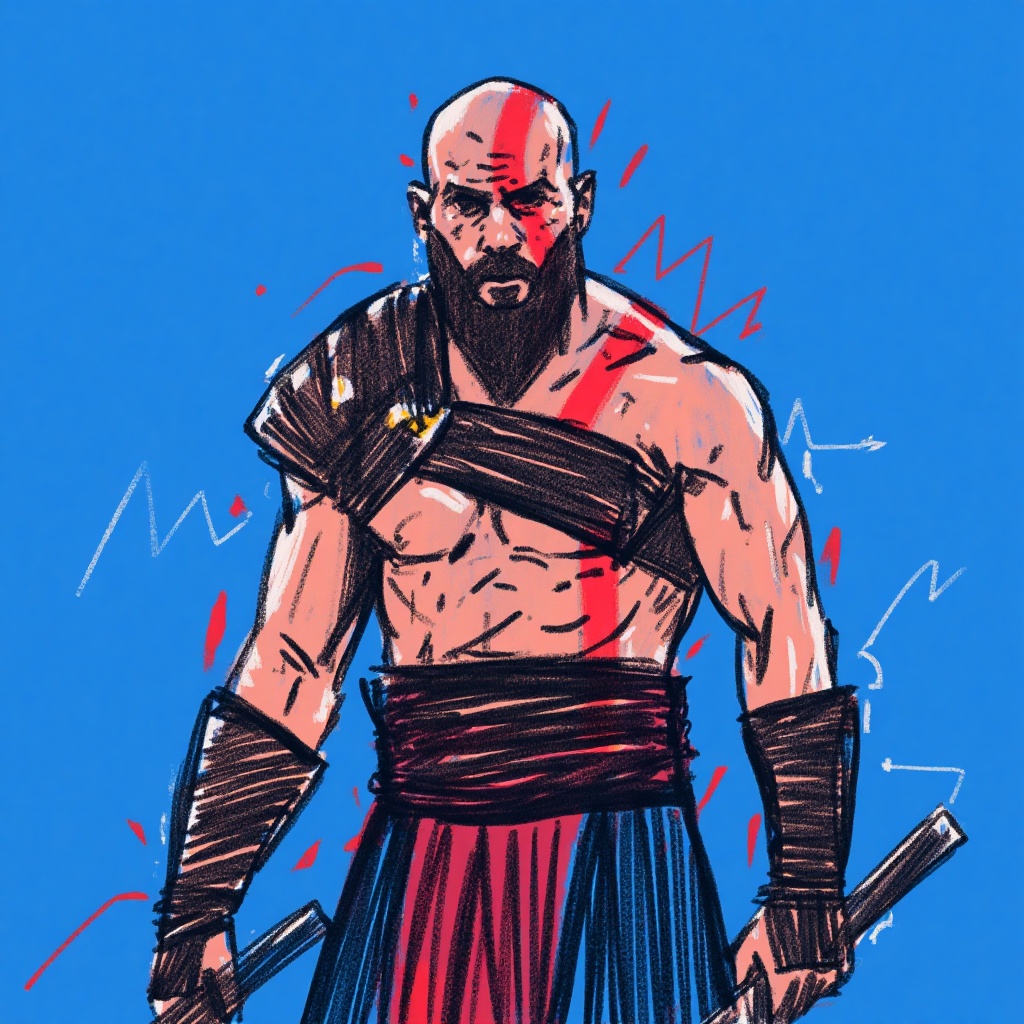 sanur4_style,  image drawing of kratos god of war,  background is blue on Tensor.Art