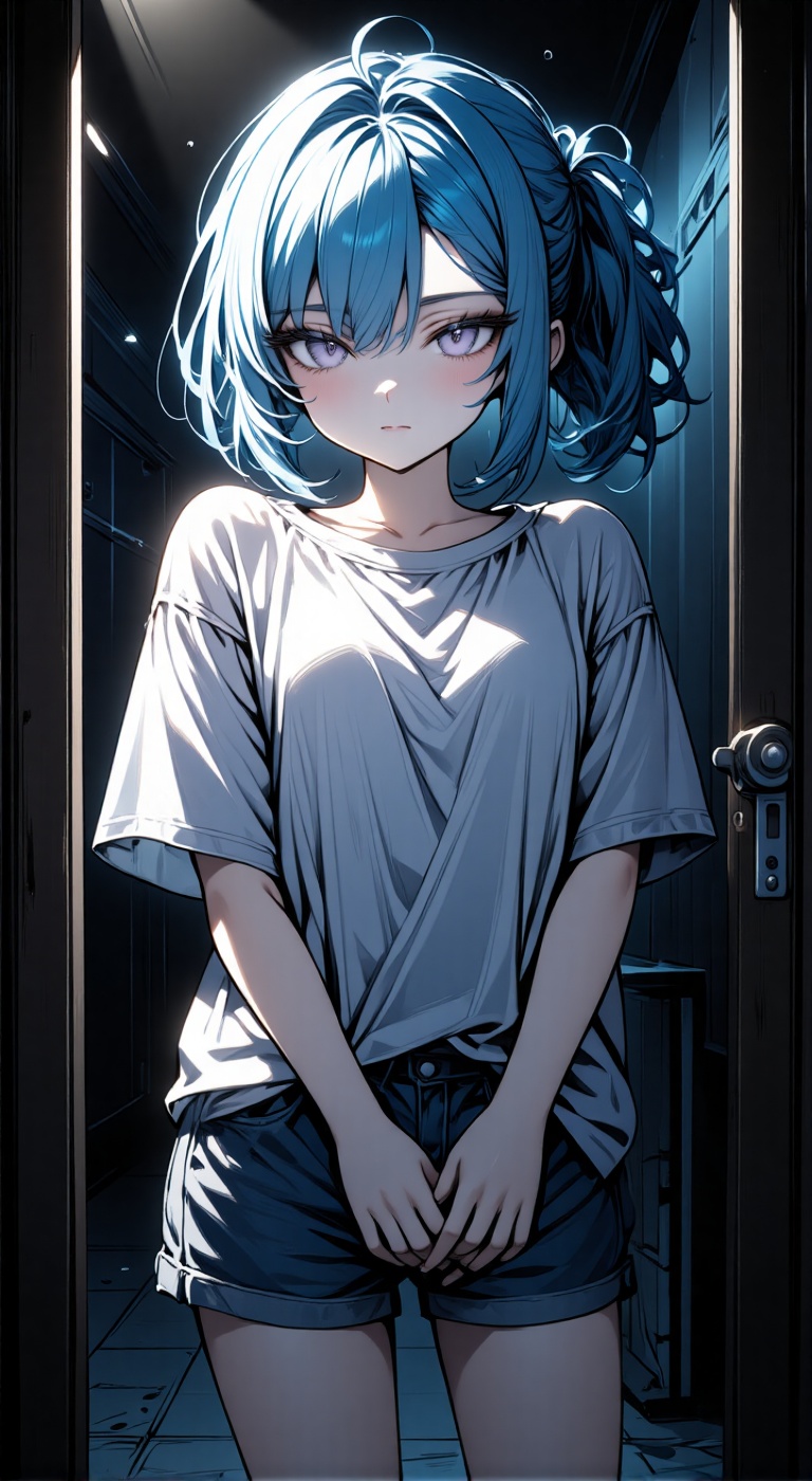 Draw a girl standing in front of a haunted house,  looking a little nervous as she tries to open the door. Her hairstyle i...