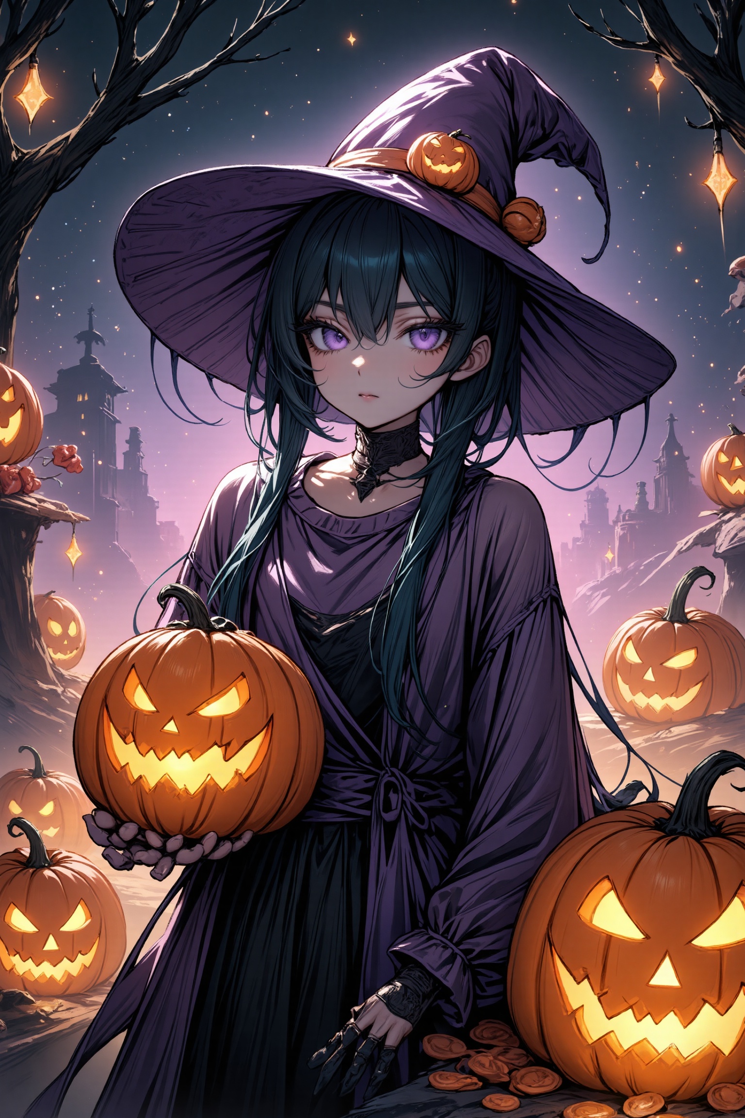 A stunning cyborg girl stands alone,  surrounded by a mesmerizing fusion of Halloween and jack-o-lantern elements. She don...