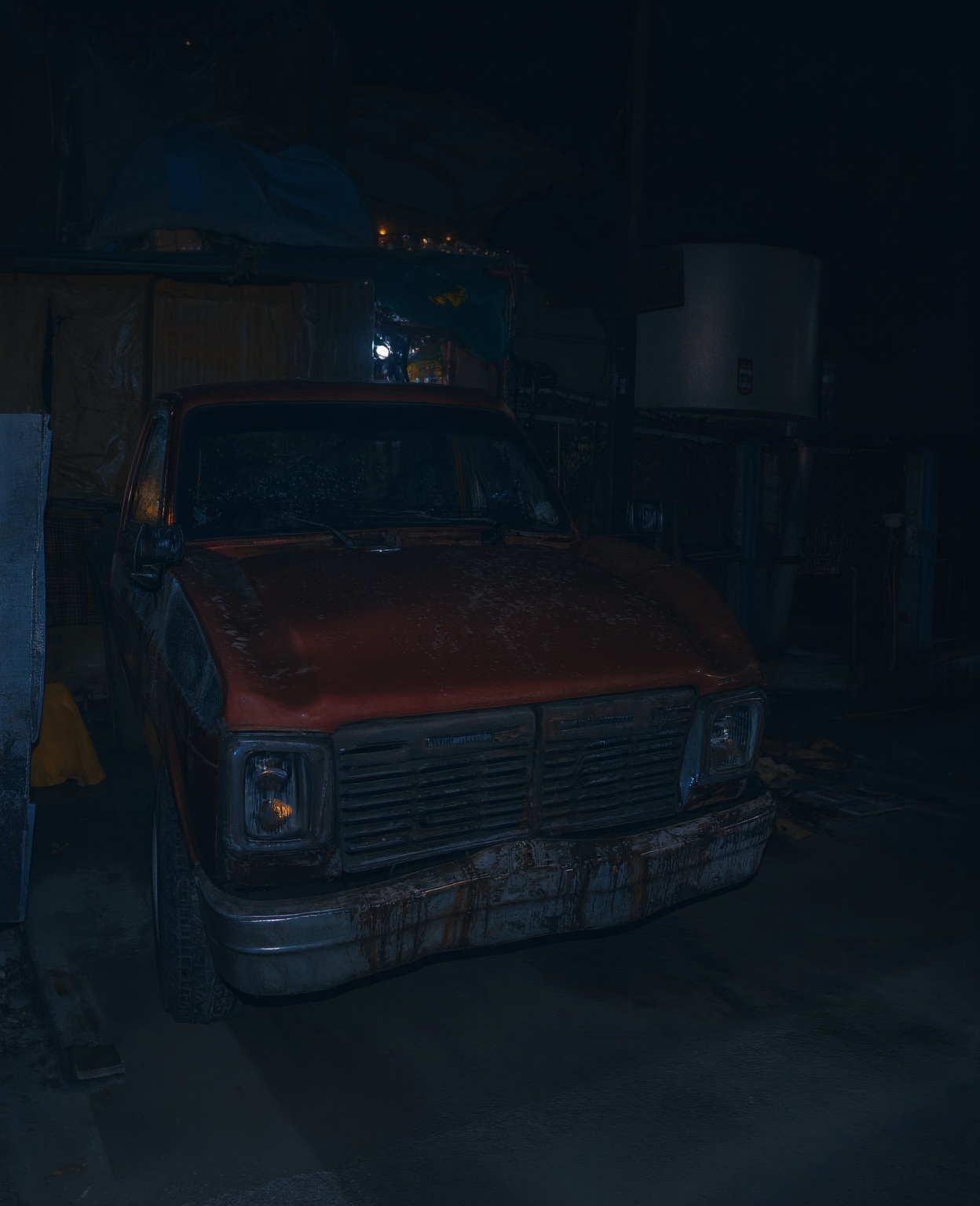 A truck parked on a deserted street at night,  its headlights casting an eerie glow. The darkness of the surrounding build...