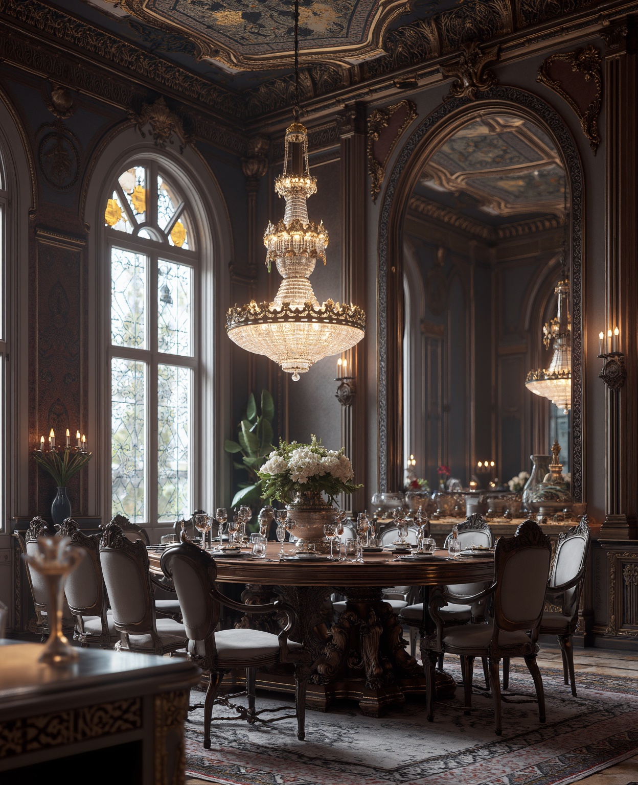 there is a dining room with a table and chairs and a chandelier,  cgsociety 9,  futuristic persian palace on Tensor.Art