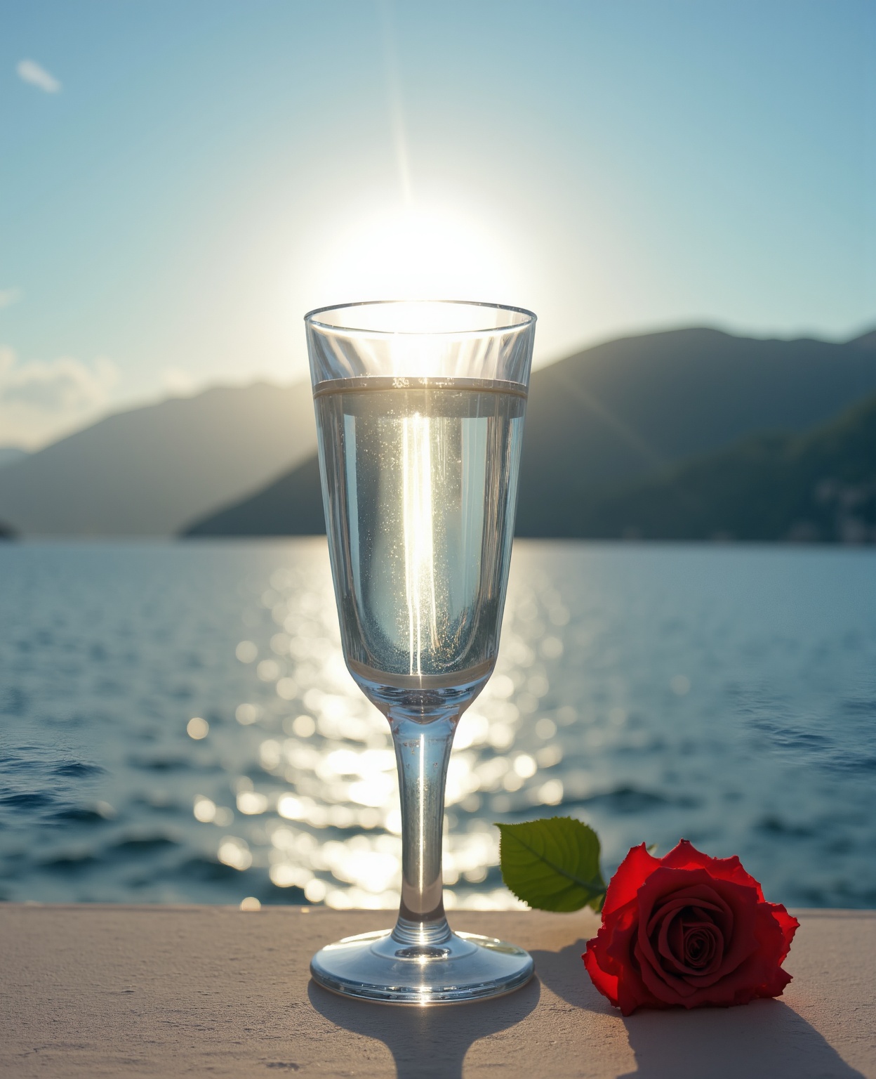 The sun in a crystal glass by the sea,  against the background of the mountains,  a glass of regular classical shape on Te...