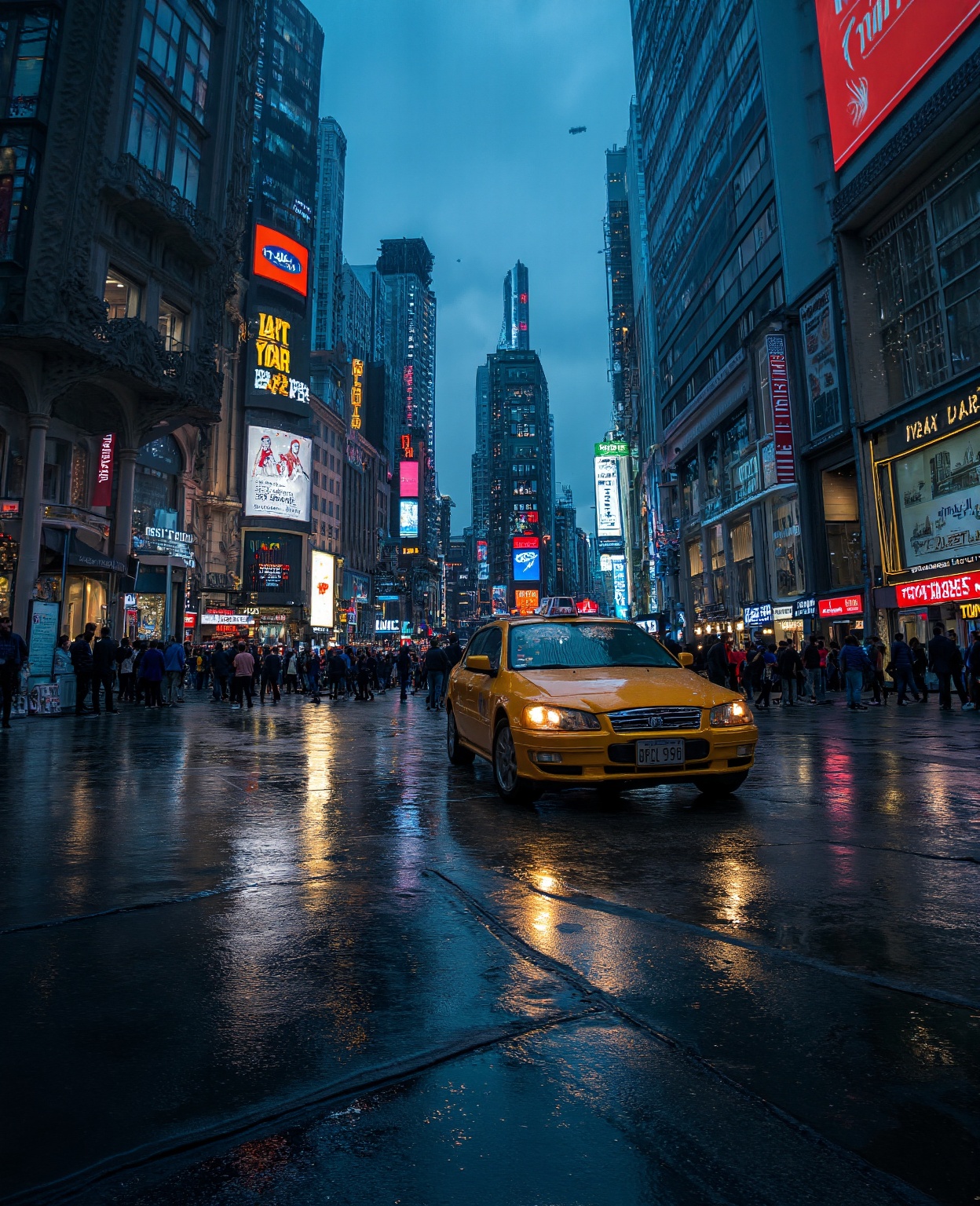 A cityscape at dusk: a sprawling metropolis with towering skyscrapers and bustling streets. Neon lights reflect off wet pa...