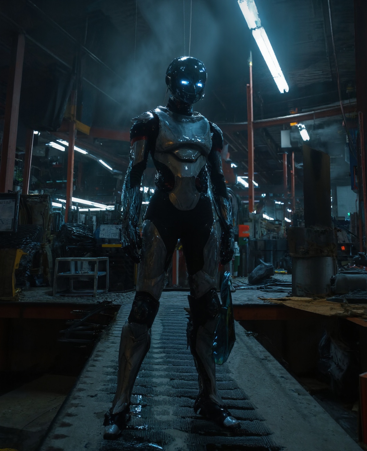 A futuristic robot with a sleek metallic body and glowing blue eyes,  standing tall in a dimly lit factory setting. The in...