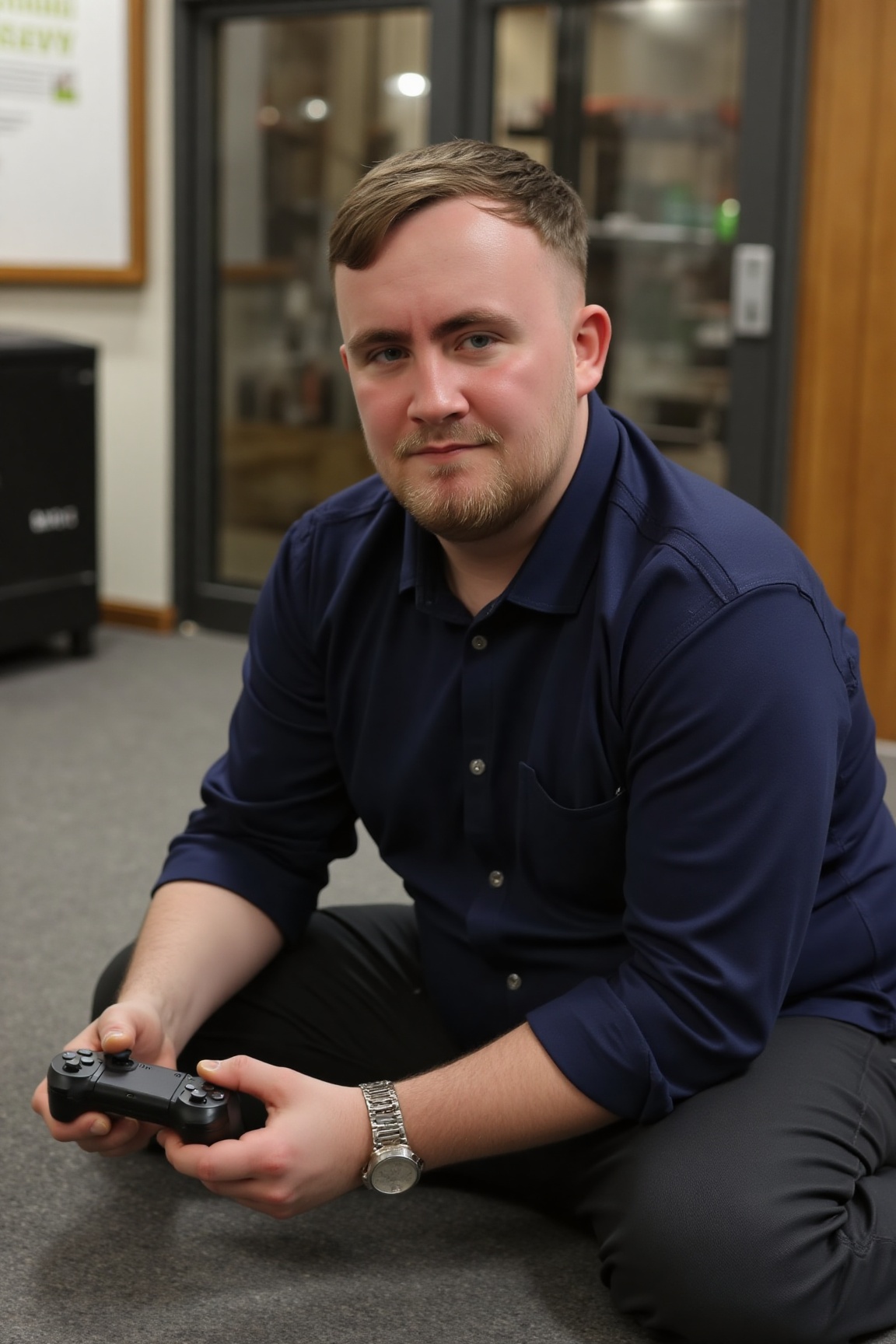 A high-resolution photograph of Luke Littler,  POV,  sitting on the floor holding a gaming controller with both hands on T...