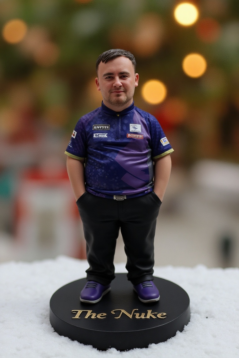 This is a high-resolution photograph of a detailed,  miniature action figure of Luke Littler,  standing on a round on Tens...