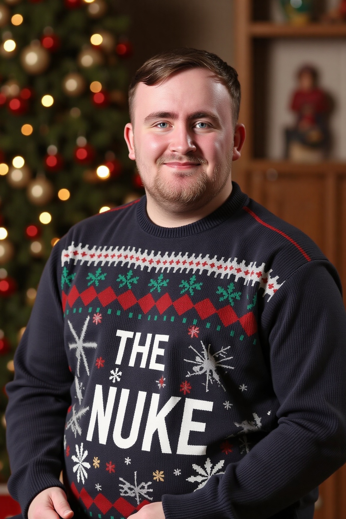 The image is a high-resolution photograph of Luke Littler,  wearing a Christmas themed sweater with the words "THE NUKE" k...