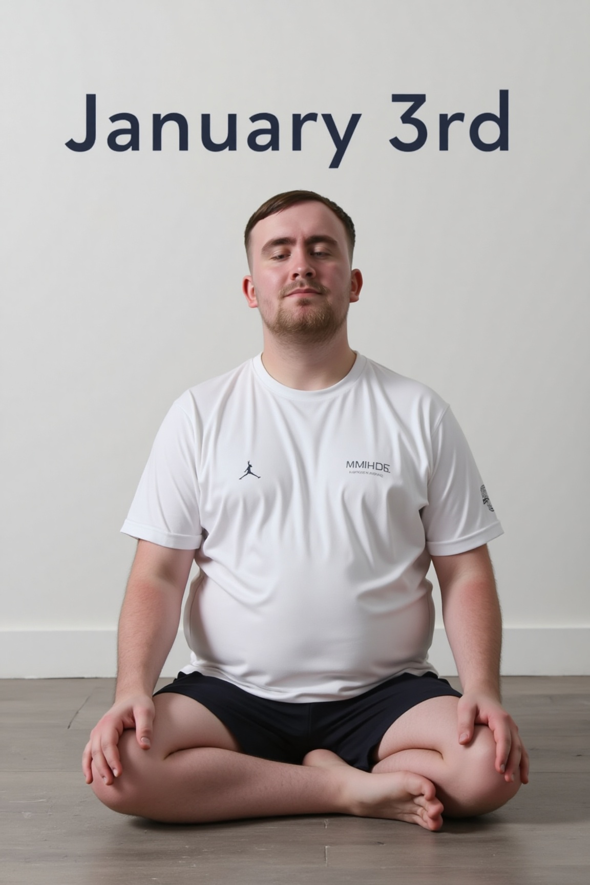 A high-resolution upper body photograph of Luke Littler in a meditation position on the floor,  eyes closed. Text reading...