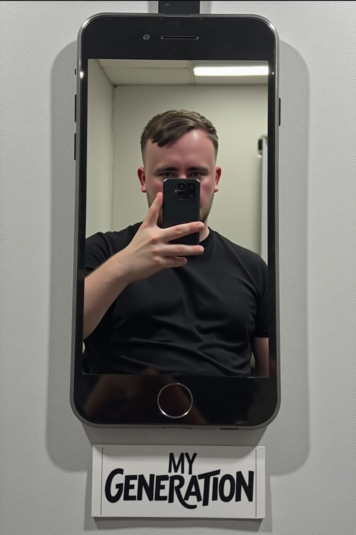 A high-resolution photograph of Luke Littler taking a selfie on his huge mobile phone that he's holding facing the camera,...