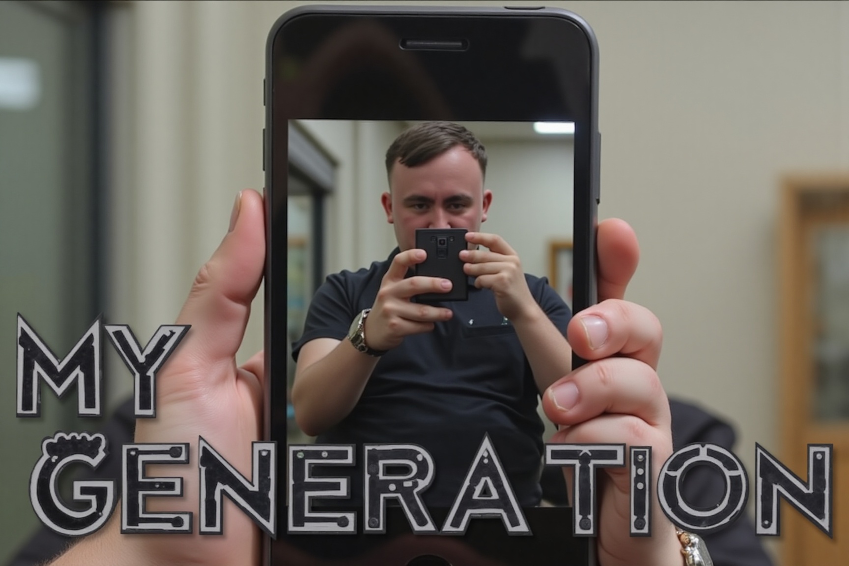 A high-resolution photograph of Luke Littler taking a selfie on his huge mobile phone that he's holding facing the camera,...