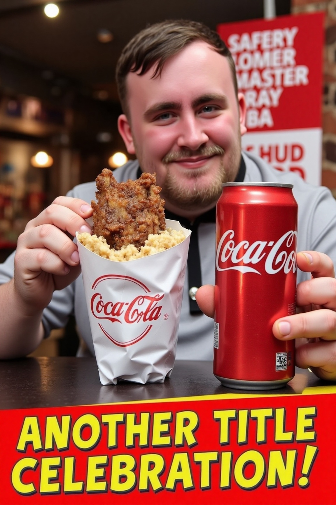 A high-resolution photograph of Luke Littler holding a decadent doner kebab in one hand,  and a can of Coca-Cola in the ot...