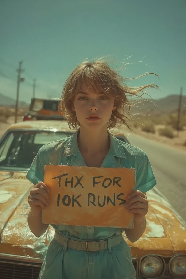 A close-up picture of a woman with short blonde hair holding sign with text that says "THX FOR 10K RUNS",  out of a car wa...