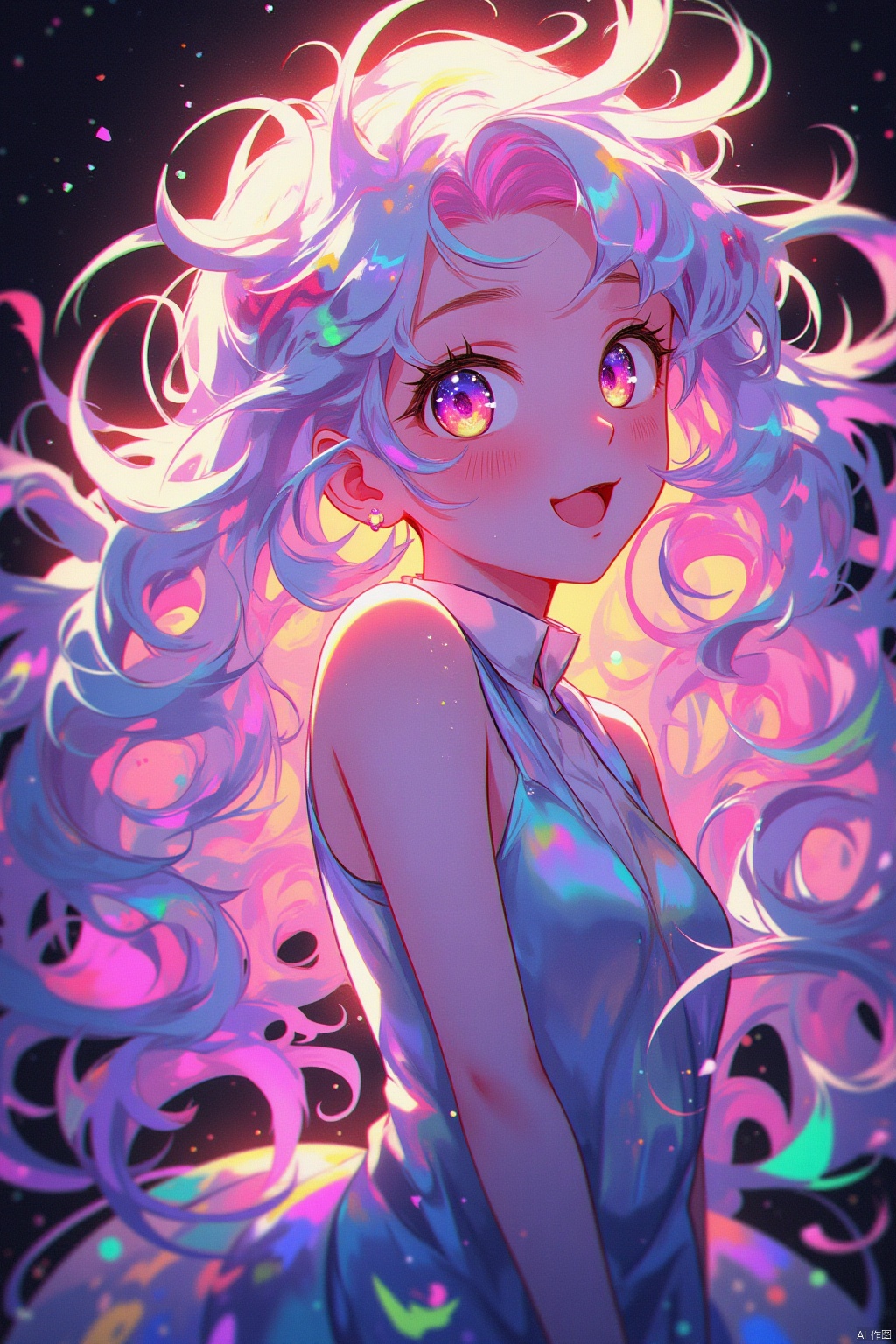1girl, solo, long hair, looking at viewer, , colorful,幻彩光影特效2.5D-Flux