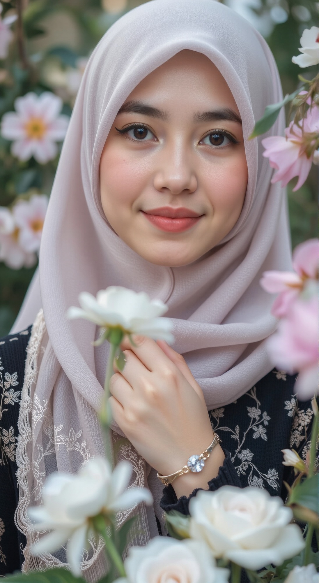 A soft focus close-up portrait of a young beauty adorned in elegant hijab attire,  surrounded by intricate outfit and acce...
