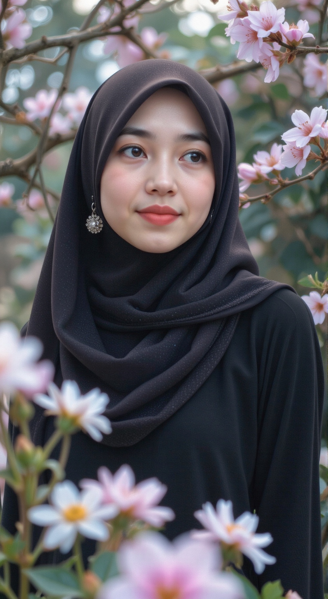A soft focus close-up of a young beauty's elegant face,  adorned in a stylish hijab and outfit,  accessorized with sparkli...